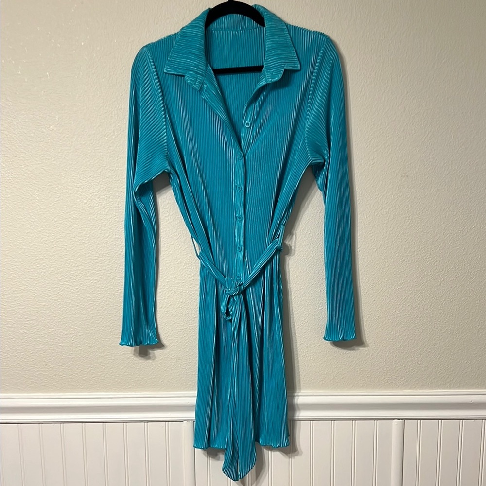 Teal Long Sleeve Pleated Mini Dress with Belt